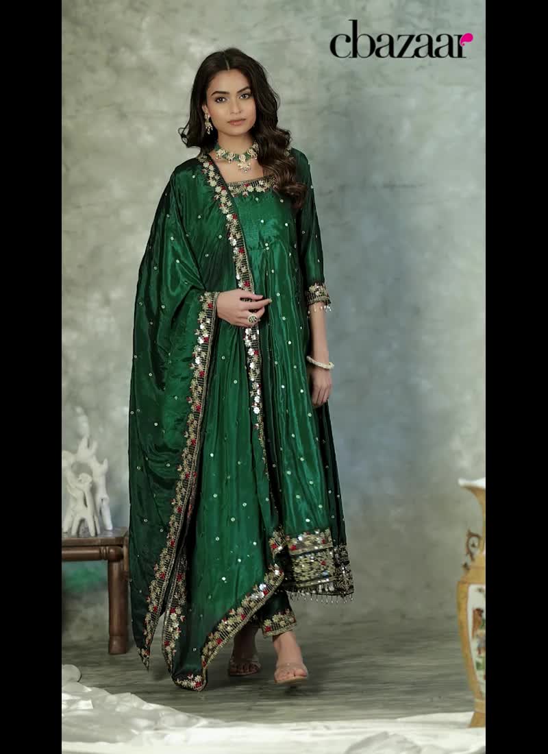 Green Silk Embroidered Sequins Anarkali Suit Festive Wear