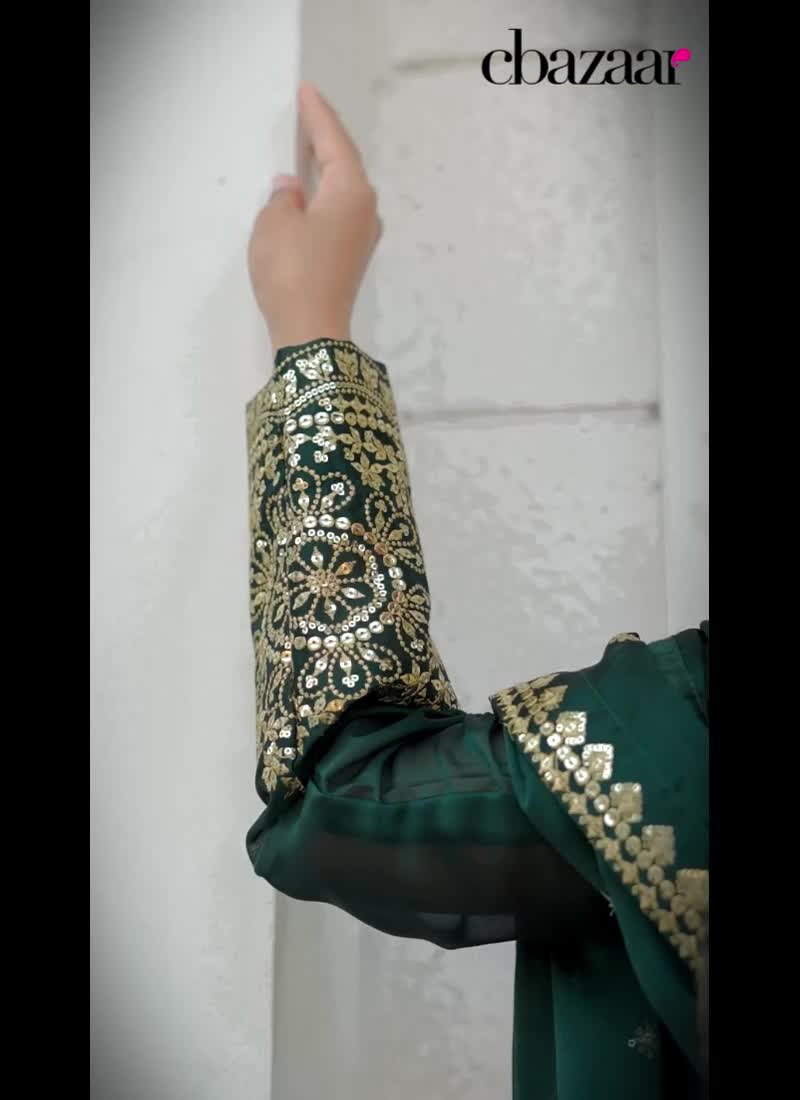 Green Silk Embroidered Sequins Palazzo Suit Festive Wear