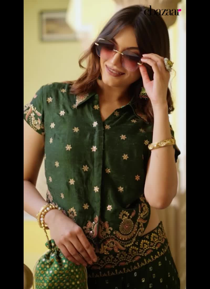 Green Silk Embroidered Sequins Stylish Indowestern Palazzo Set Wedding Wear