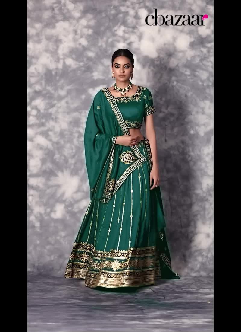 Green Vichitra Silk Zari Embroidered Sequins Lehenga Wedding Wear