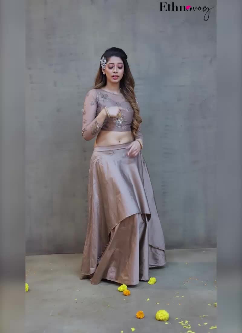 Grey Embroidered Crop Top N Skirt Set Party Wear