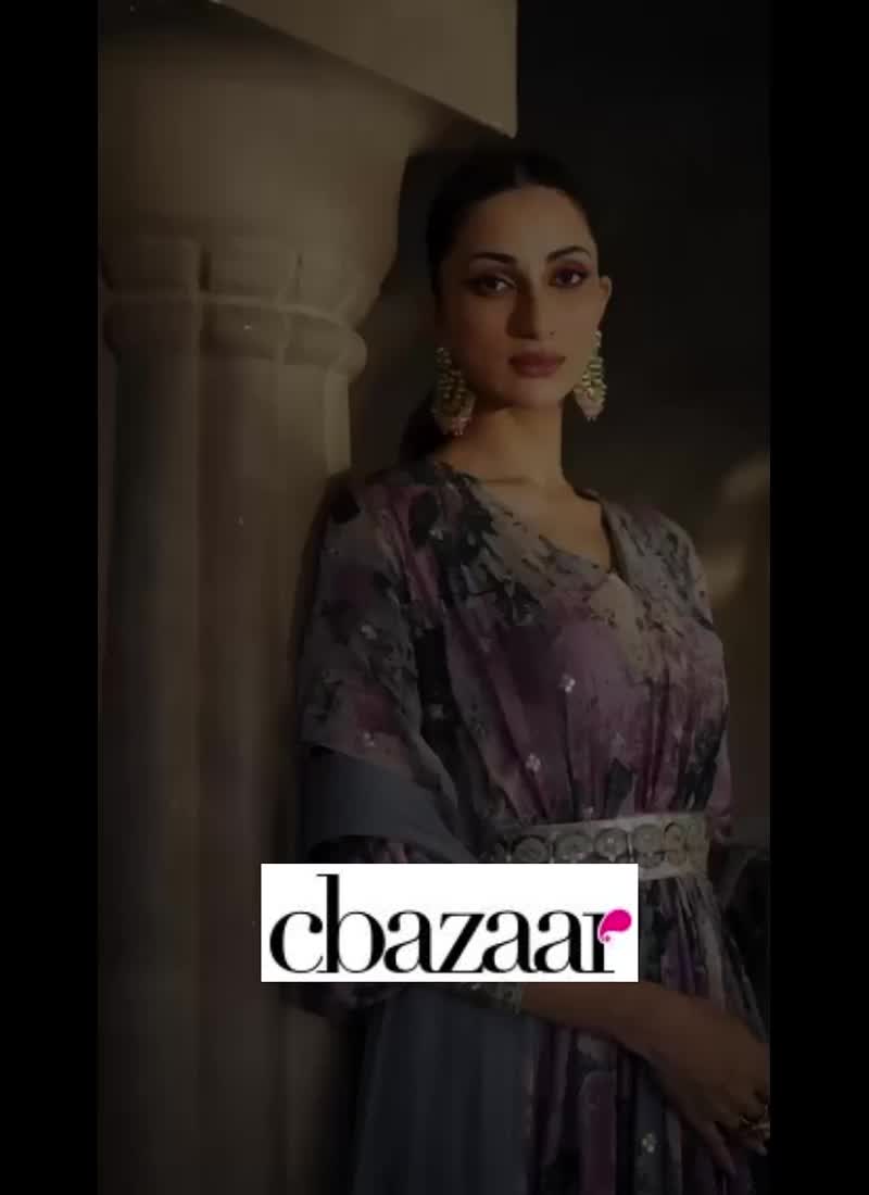 Grey Faux Georgette Embroidered Digital Print Anarkali Gown Party Wear