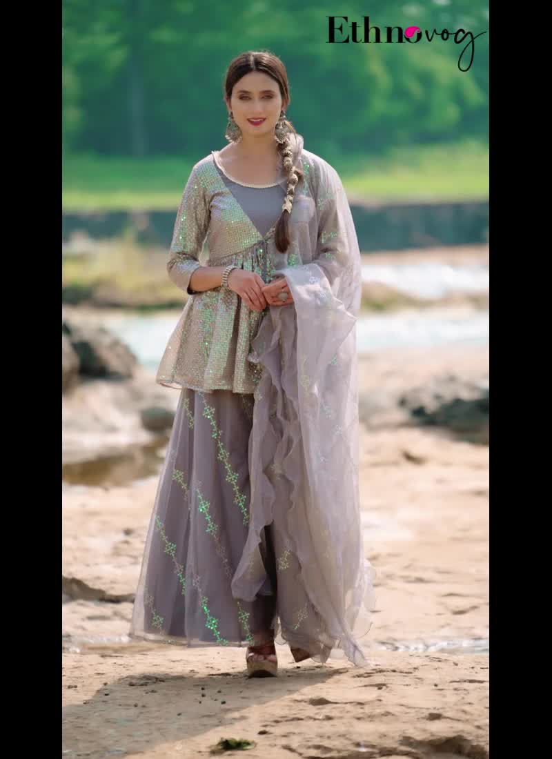 Chic Top With Grey Organza Palazzo Suit Wedding Wear