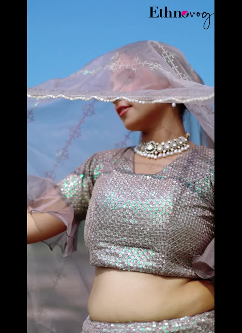 Grey Sequins Embroidered Organza Lehenga Set Wedding Wear
