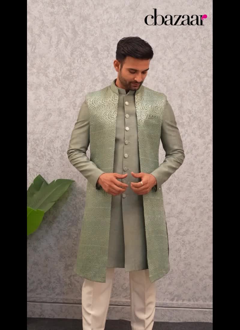 Grey Silk Embroidered Sequins Indowestern Sherwani Wedding Wear