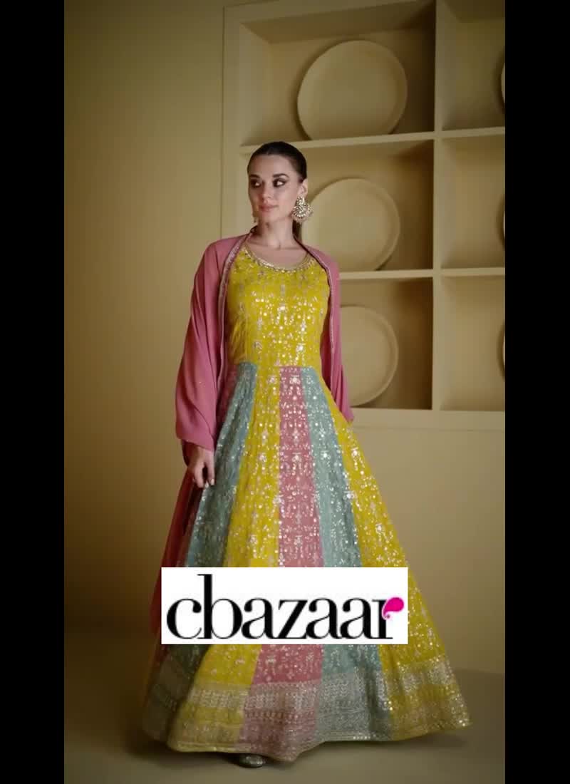 Haldi Wear Anarkali Suit In Mustard Georgette Embroidered Sequins Party Wear