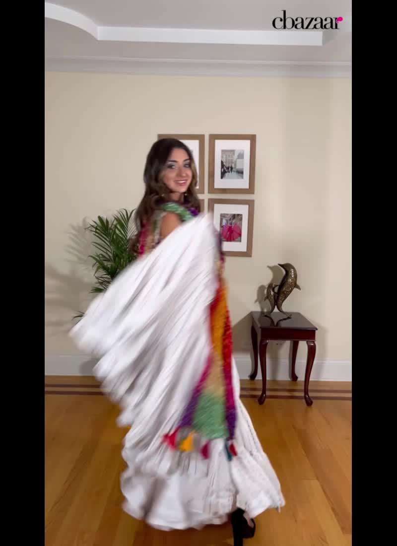 Indian Umbrella Lehenga White Georgette With Choli And Bandhani Dupatta Festive Wear