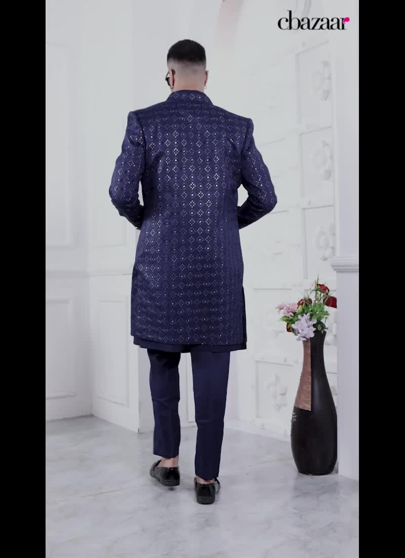 Indowestern Splendor Blue Silk Sherwani With Sequins And Embroidery Wedding Wear