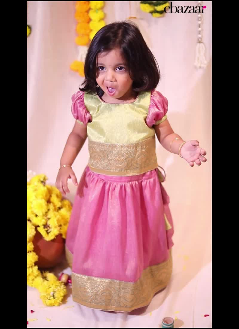 Khadhi Tissue Kids Girls A Line Lehenga With Round Neck And Half Sleeve Party Wear