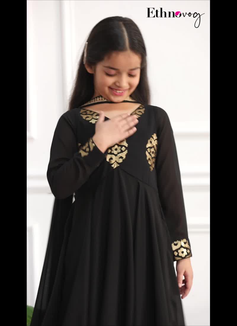 Kids Girls Black Embroidered Handkerchief Style Anarkali Suit Wedding Wear