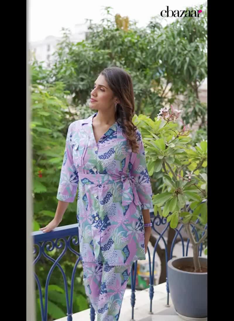 Lavender Elegance Muslin Cotton Digital Print Indowestern Co ord Set After Six Wear