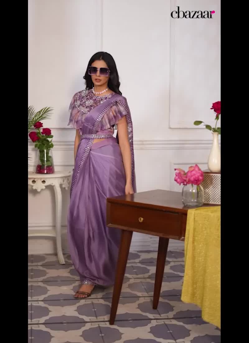 Lavender Georgette Embroidered Sequins Stone Pre Draped Ravishing Saree Party Wear