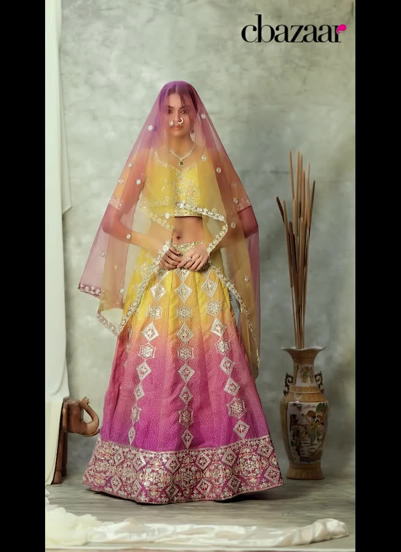 Lavender Organza Bandhini Print Zari Embroidered Sequins Lehenga Wedding Wear