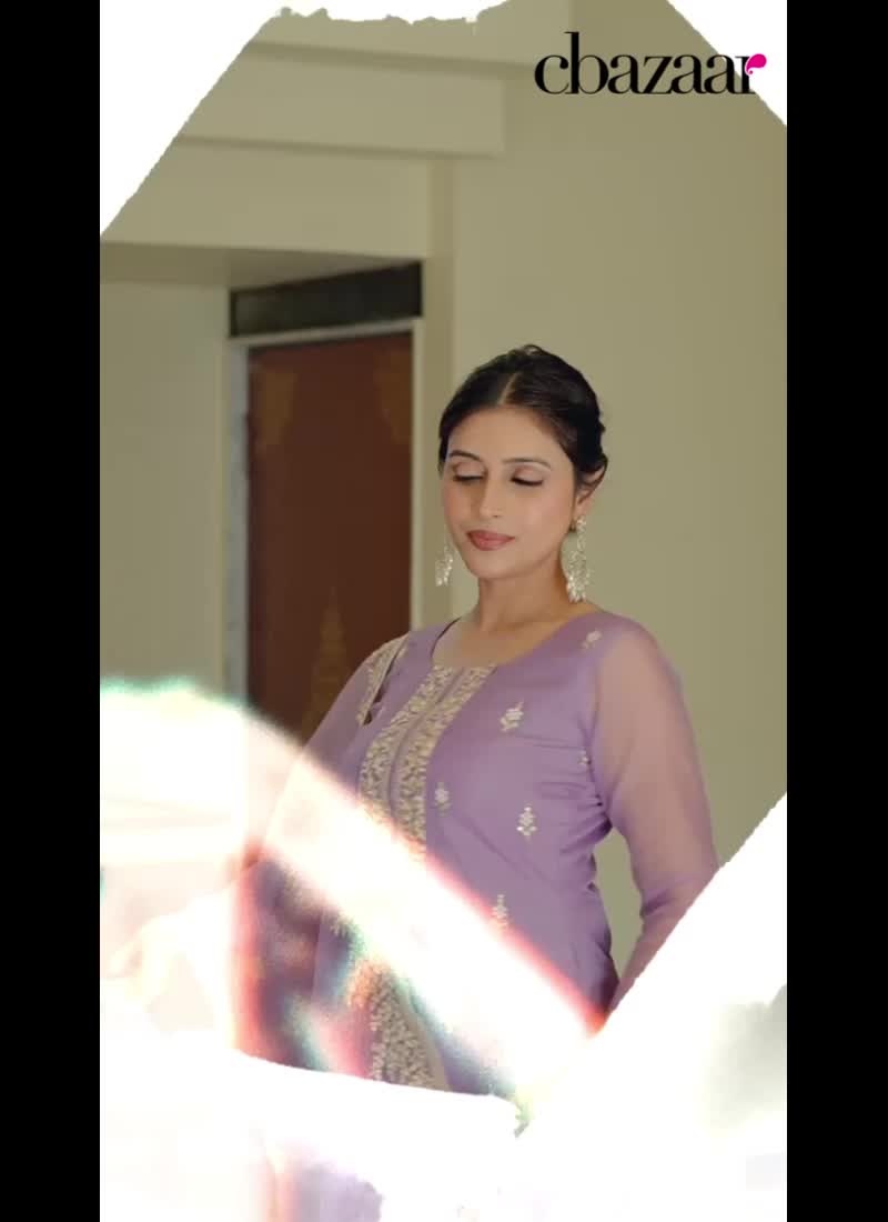 Lavender Organza Embroidered Sequins Straight Pant Suit Festive Wear