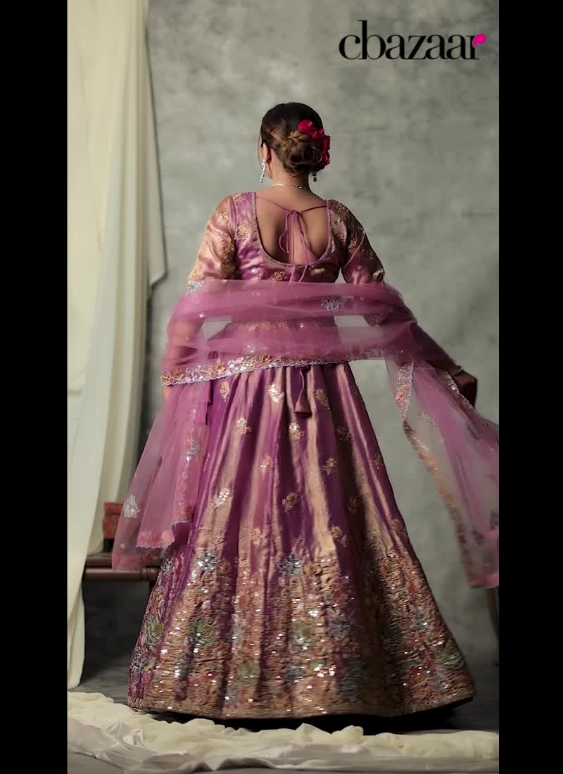 Lavender Shimmer Organza Embroidered Sequins Lehenga Wedding Wear