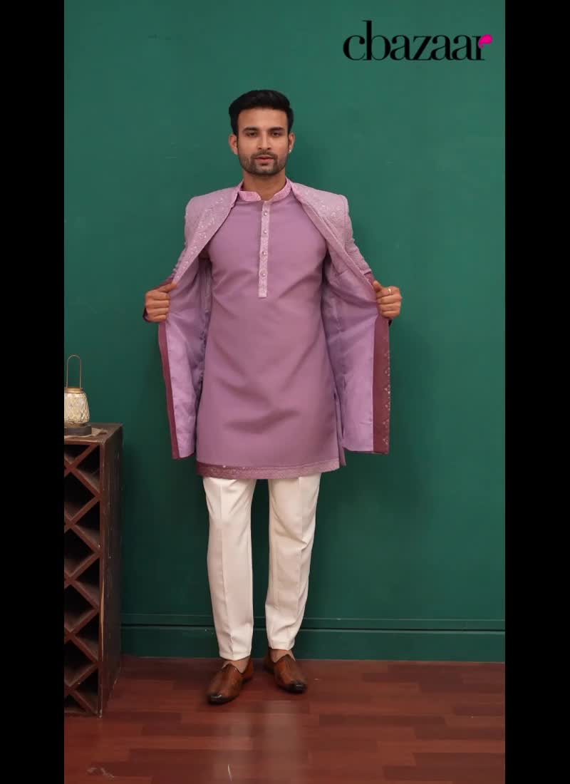 Lavender Silk Embroidered Sequins Indowestern Sherwani Wedding Wear