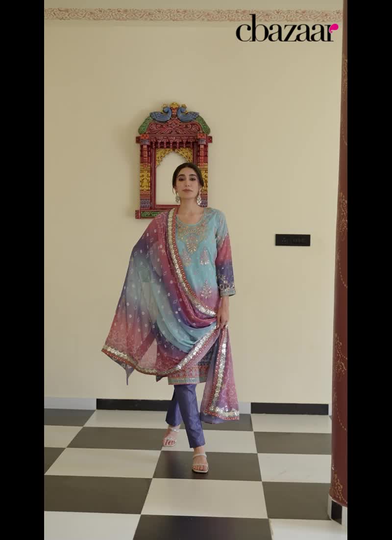 Light Blue Faux Georgette Embroidered Sequins Straight Pant Suit Festive Wear
