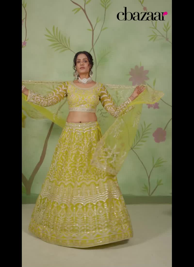 Light Green Net Embroidered Sequins Lehenga Wedding Wear