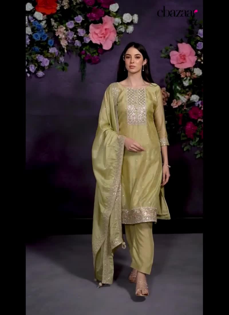 Light Olive Green Organza Straight Pant Suit With Embroidered And Sequins Festive Wear