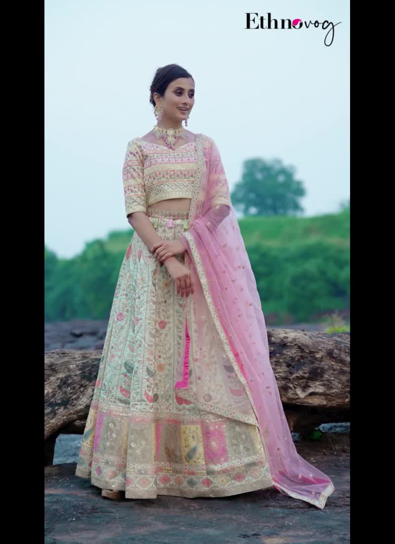 Light Pista Dupion Silk Embroidered Kali Lehenga Wedding Wear