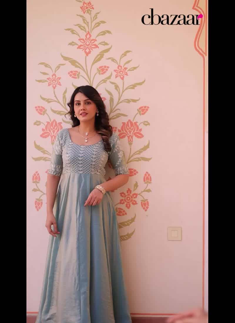 Light Sky Blue Tissue Silk Sequins Beads Anarkali Gown Festive Wear