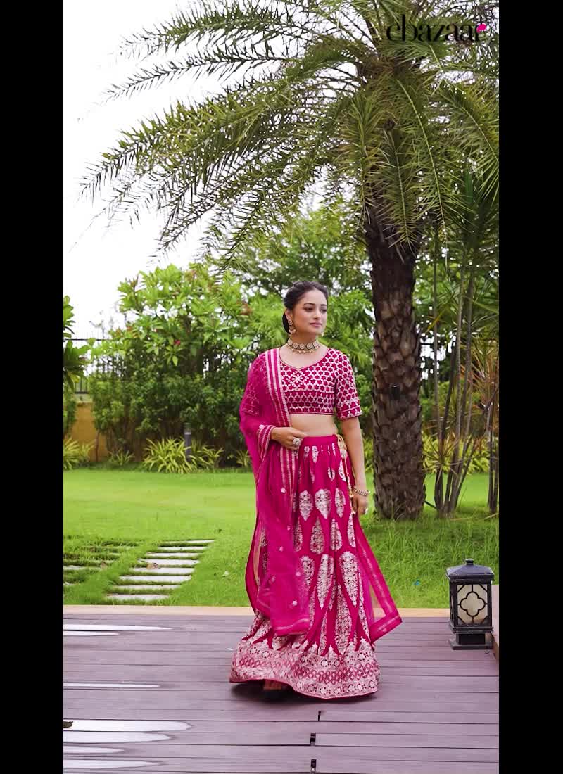 Magenta Georgette Golden Embroidered Sequins A Line Lehenga Wedding Wear