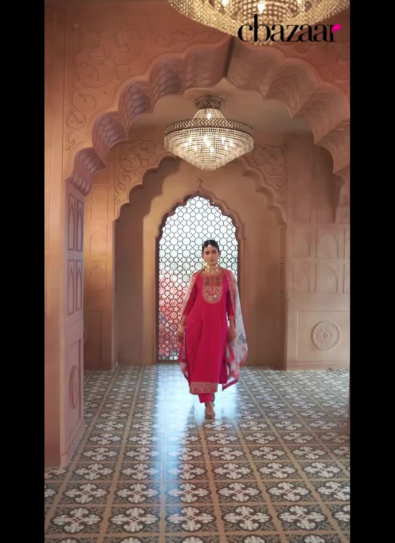Magenta Viscose Silk Zari Sequins Straight Pant Suit With Digital Print Dupatta Festive Wear