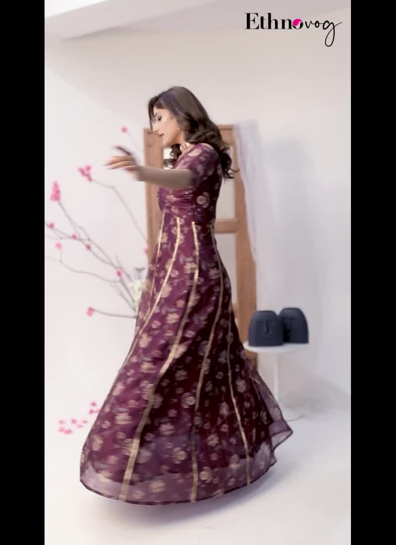 Maroon Chanderi Digital Printed Gown Festive Wear