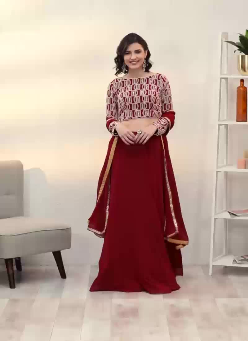 Maroon Georgette Embroidered Boat Neck Lehenga Festive Wear