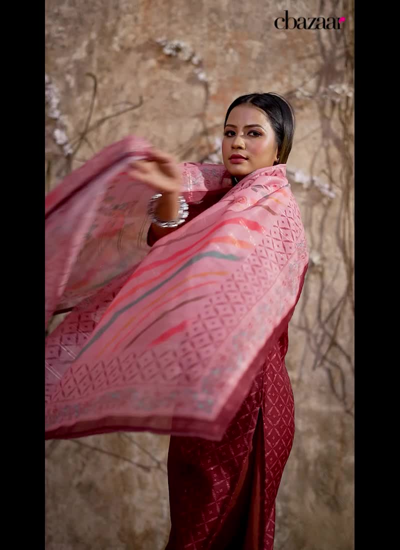 Maroon Silk Cotton Printed Bhai Duj Special Straight Pant Suit With Sequins Festive Wear