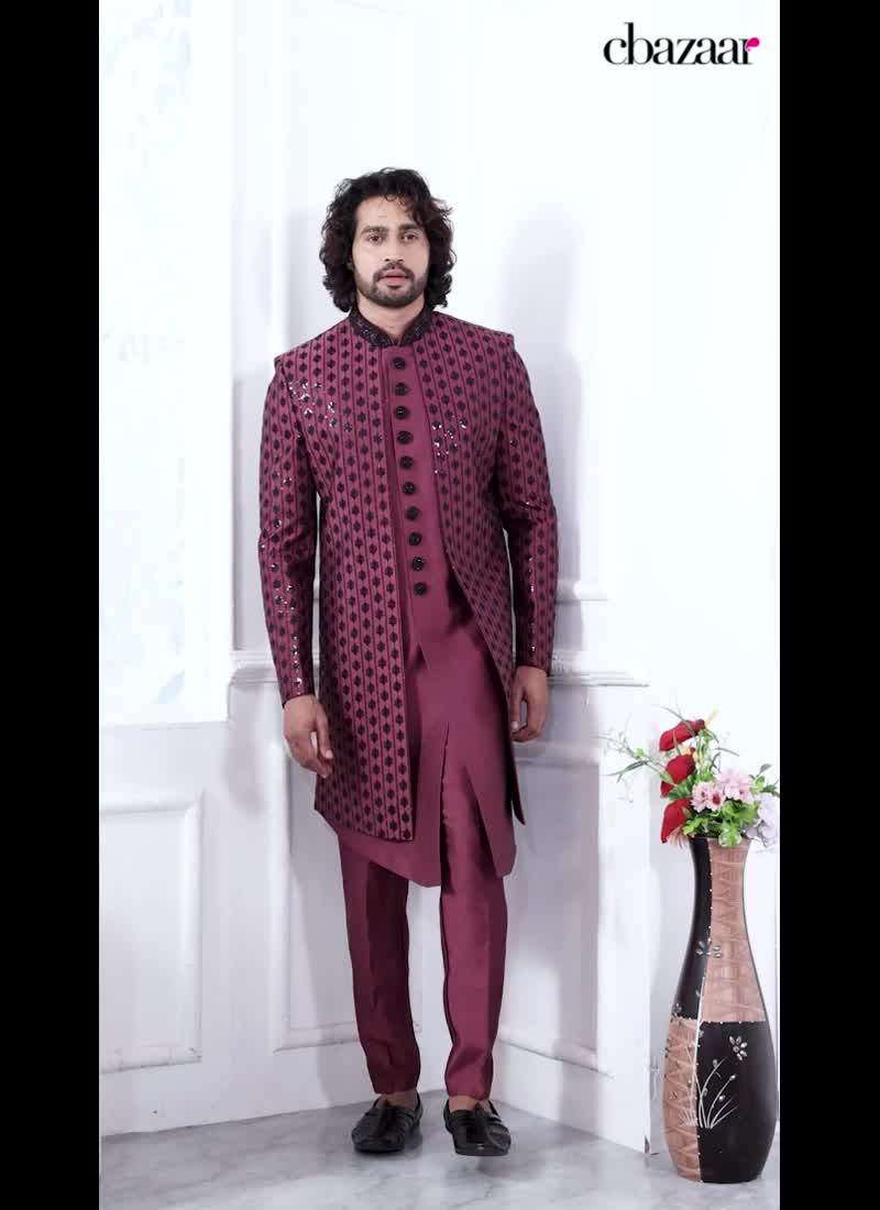 Maroon Silk Indowestern Sherwani Embroidered Sequins Elegance Wedding Wear