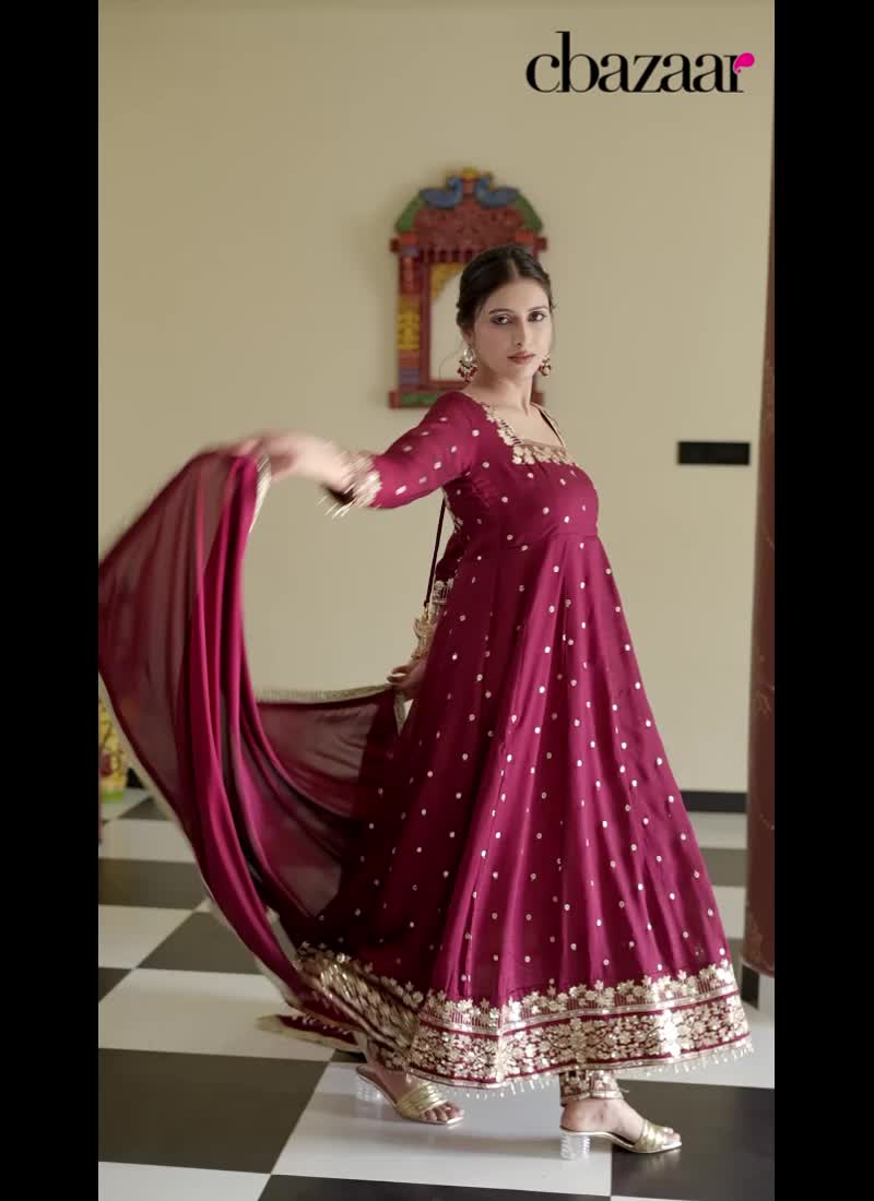 Maroon Silk Zari Embroidered Sequins Anarkali Suit Festive Wear
