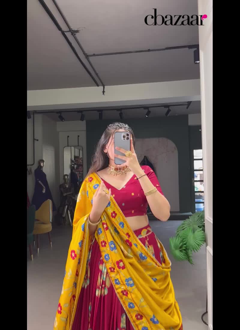 Maroon Tussar Silk Foil Print Lehenga Festive Wear