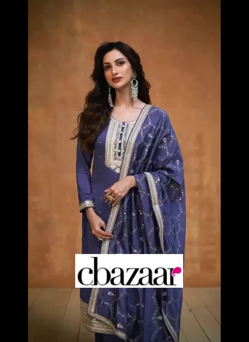 Marvellously Embroidered Sequins Silk Straight Pant Suit Party Wear