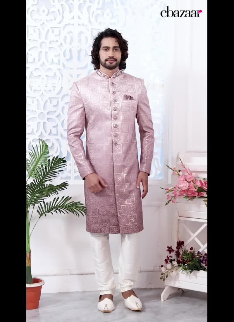 Mauve Embroidered Silk Classic Sherwani Party Wear