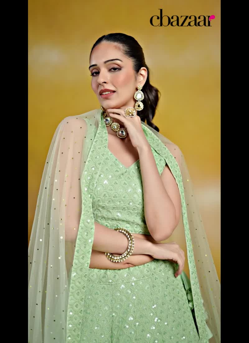 Mehendi Green Faux Georgette Embroidered Sequins Lehenga Wedding Wear