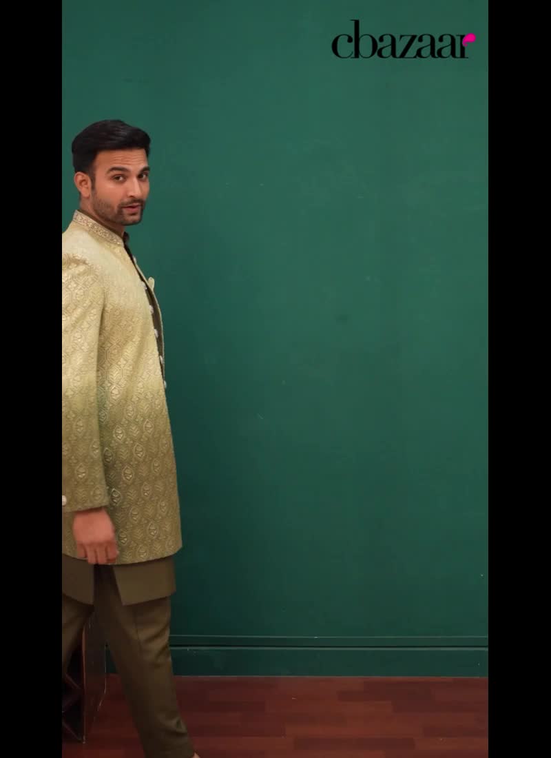 Mehendi Green Silk Embroidered Sequins Indowestern Sherwani Wedding Wear