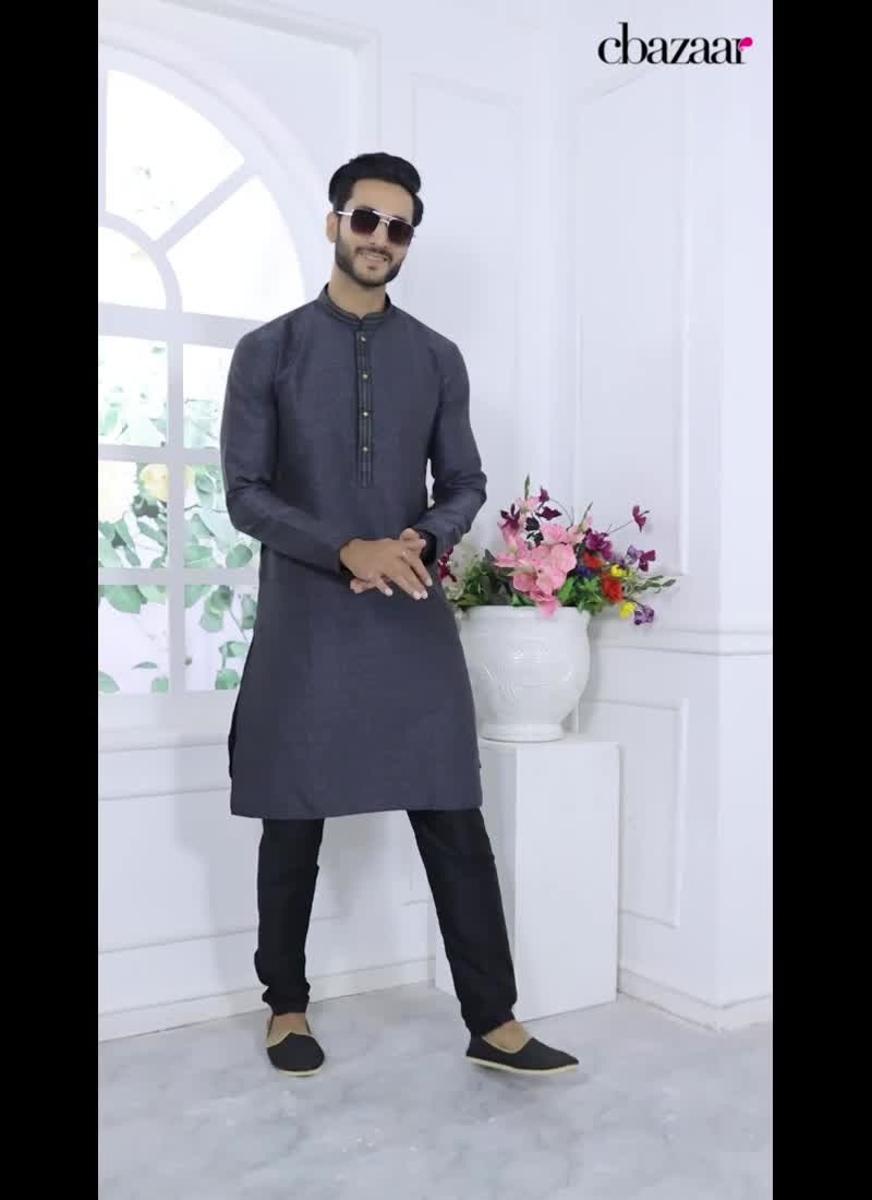 Mens Black Silk Jacquard Brocade Kurta Pyjama Set Festive Wear