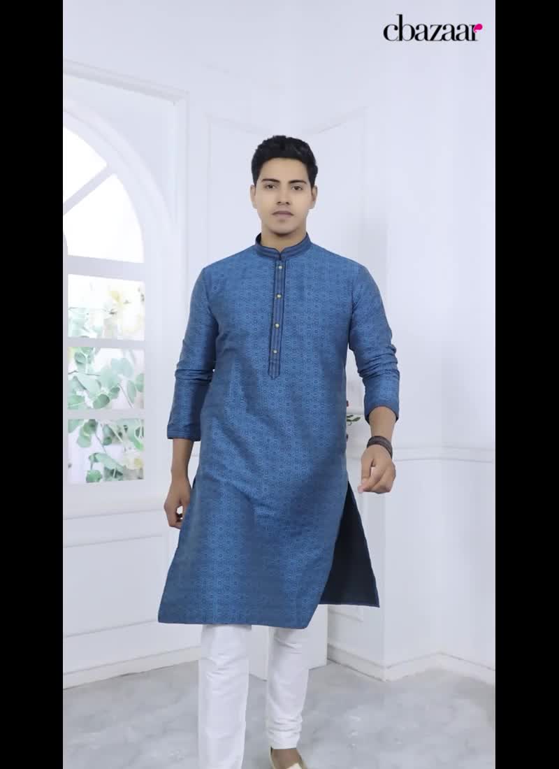 Mens Blue Silk Jacquard Brocade Kurta Pyjama Set Festive Wear