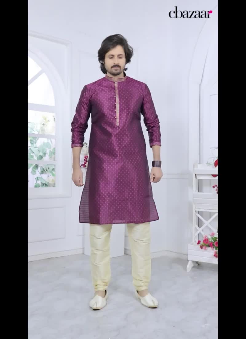 Mens Magenta Silk Jacquard Brocade Kurta Pyjama Set Festive Wear