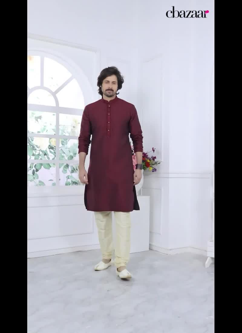 Mens Wine Silk Jacquard Brocade Kurta Pyjama Set Festive Wear
