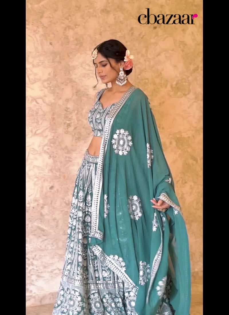 Mint Green Faux Georgette Embroidered Sequins Dazzling Lehenga Wedding Wear