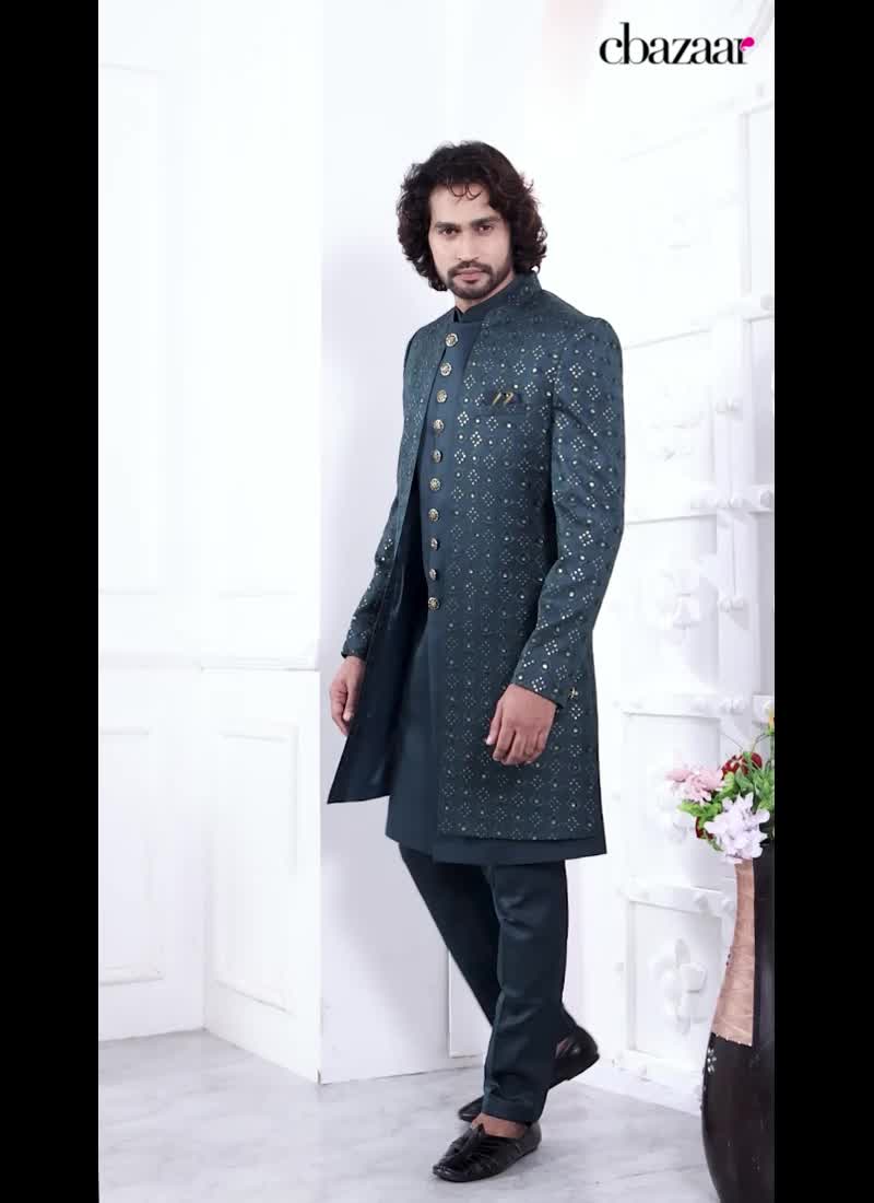 Modern Royalty Teal Silk Sequins Embroidered Indowestern Sherwani Wedding Wear