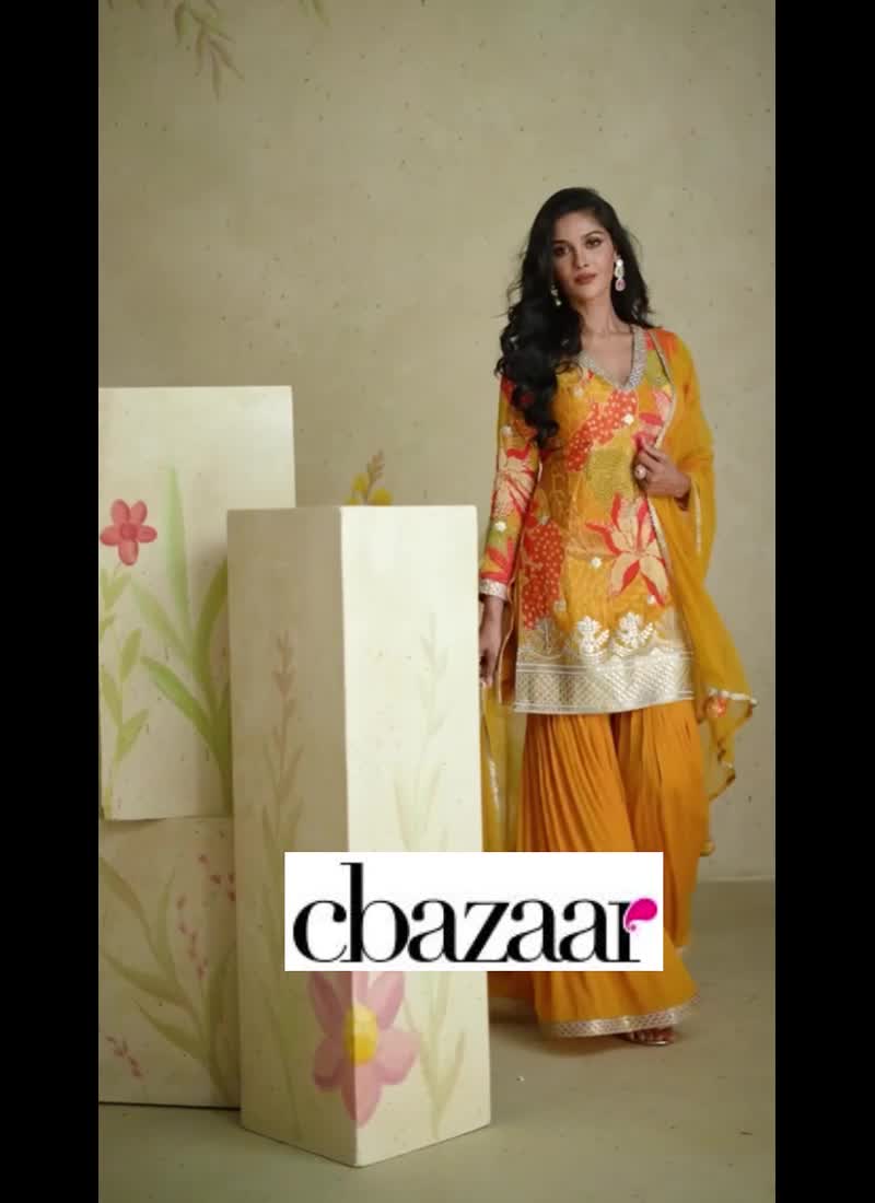 Mustard Chinon Floral Digital Print Embroidered Palazzo Suit For Stylish Party Wear