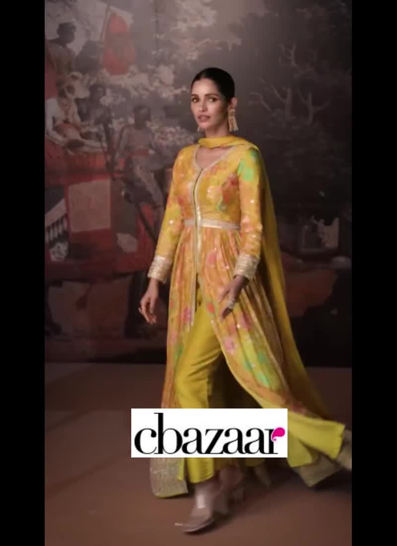 Mustard Chinnon Embroidered Anarkali Suit Party Wear