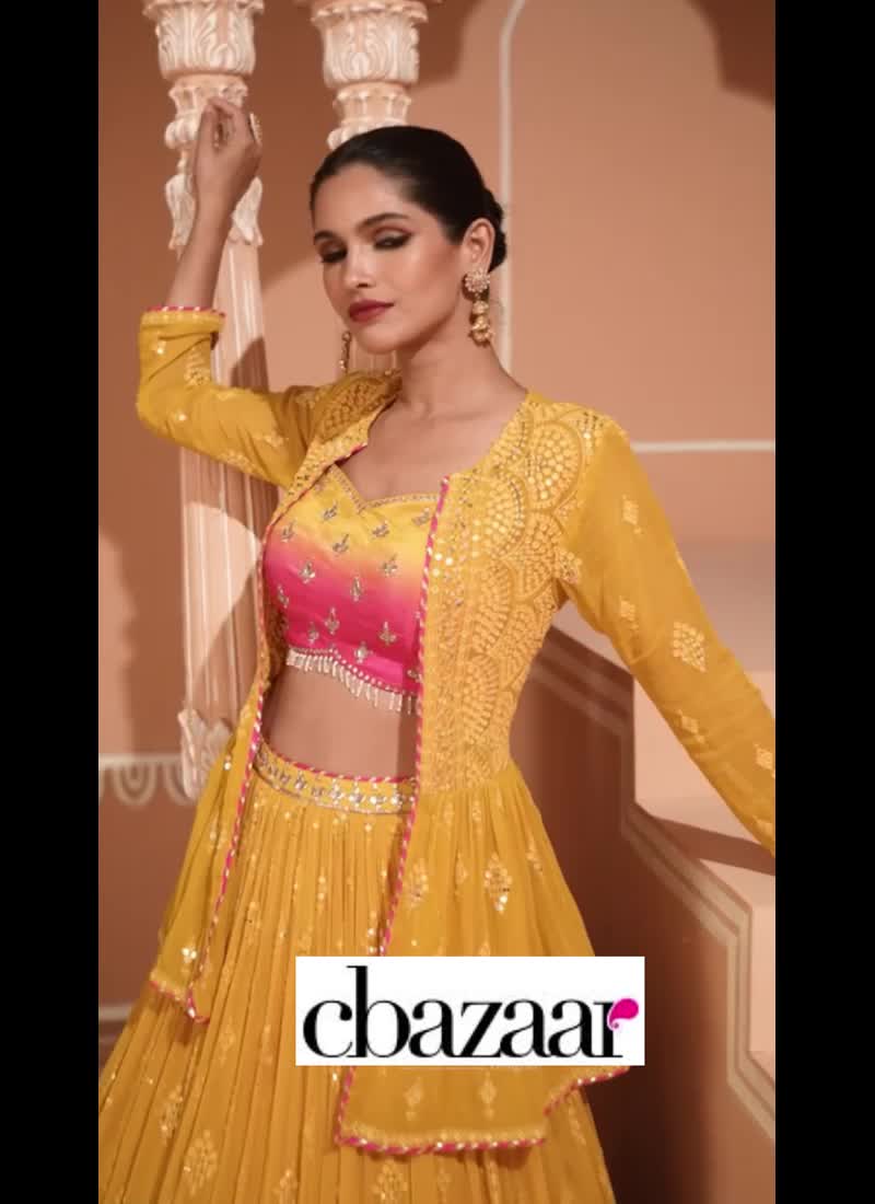 Mustard Faux Georgette Embroidered And Sequins Umbrella Lehenga Party Wear