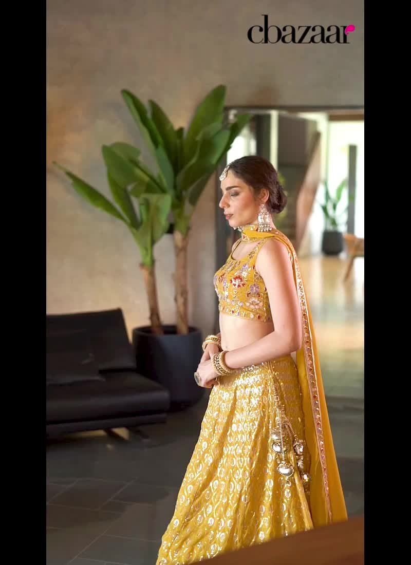 Mustard Faux Georgette Zari Embroidered Sequins Beautiful Lehenga Wedding Wear