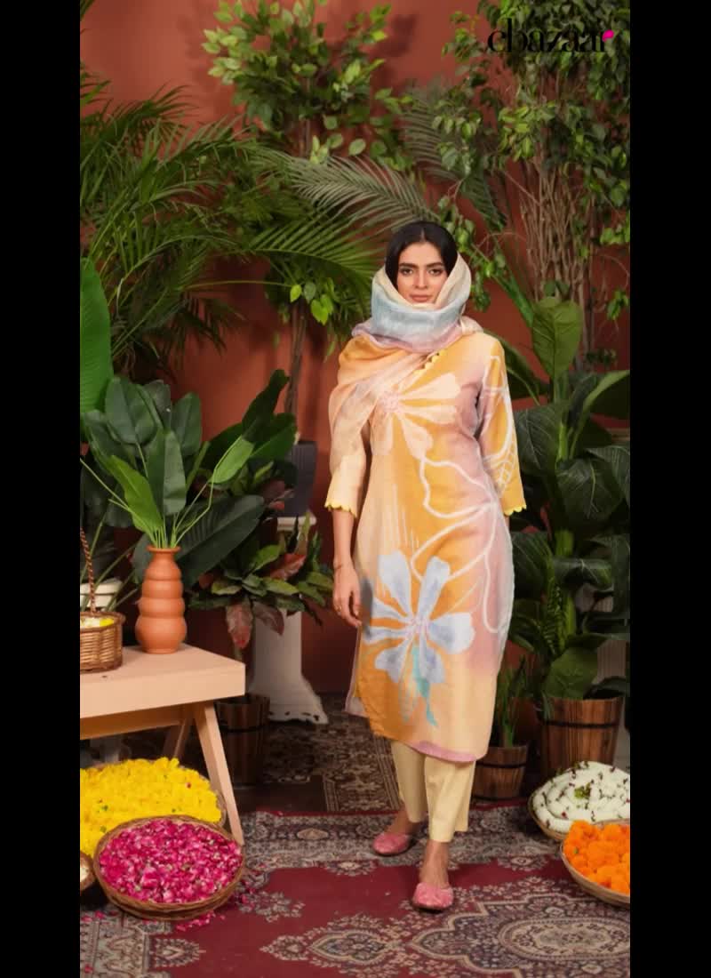 Mustard Floral Digital Print Hand Work Schiffli Kurta Straight Pant Suit After Six Wear