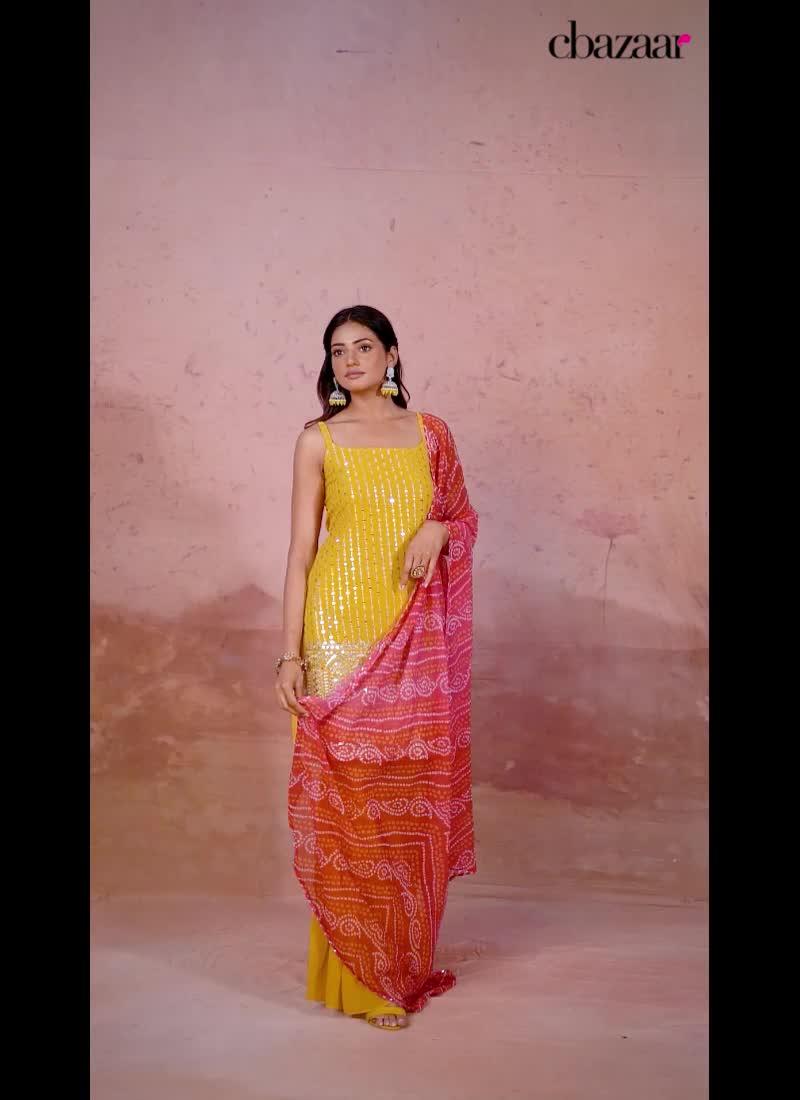 Mustard Georgette Embroidered Sequins Sharara Suit And Red Bandhani Dupatta Party Wear