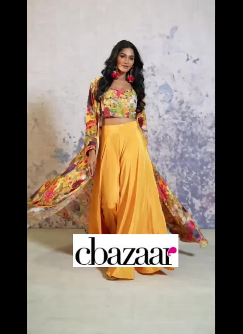 Mustard Indowestern Sequins Floral Digital Print Long Jacket And Cut Dana Work Crop Top After Six Wear